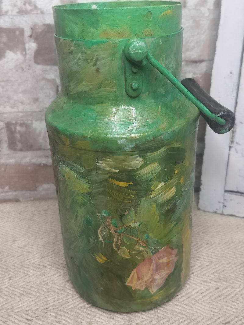 Vintage French Hand-Painted Green Milk Can with Floral Decoupage - Rare!