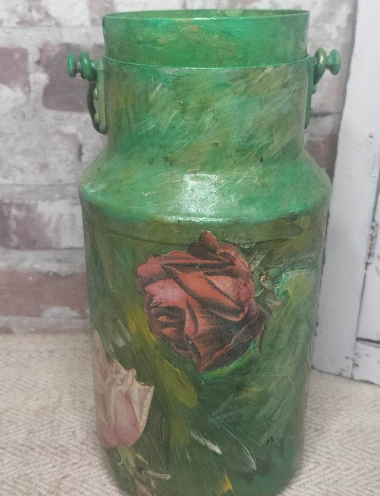 Vintage French Hand-Painted Green Milk Can with Floral Decoupage - Rare!