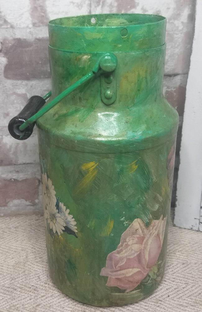 Vintage French Hand-Painted Green Milk Can with Floral Decoupage - Rare!