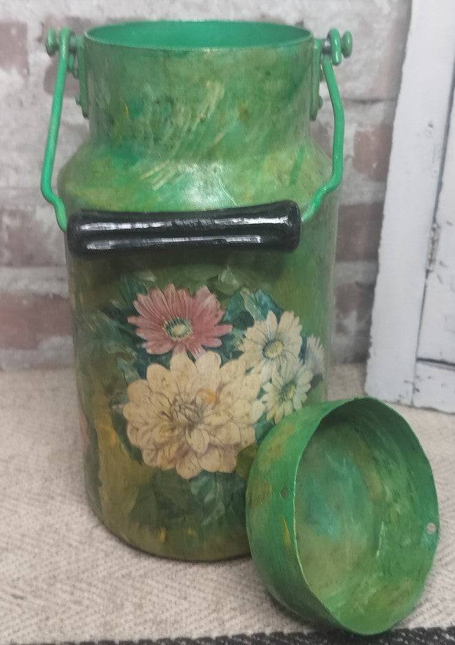 Vintage French Hand-Painted Green Milk Can with Floral Decoupage - Rare!
