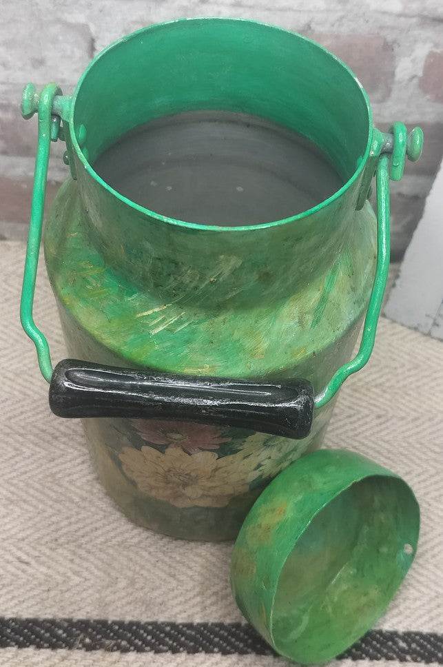 Vintage French Hand-Painted Green Milk Can with Floral Decoupage - Rare!