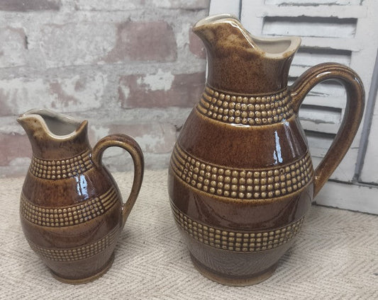 Vintage Poterie Renault stoneware jugs with brown glaze and textured banding, French rustic decor