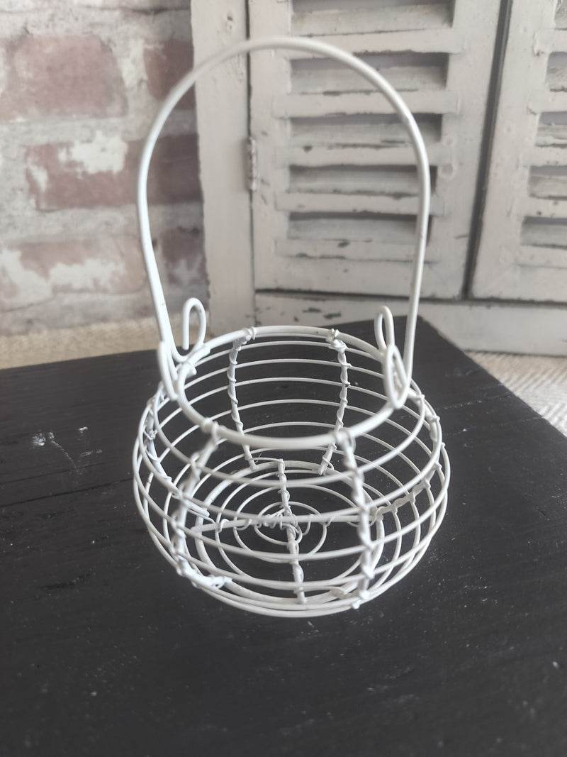 Vintage French white wire single egg basket with handle and rustic farmhouse design