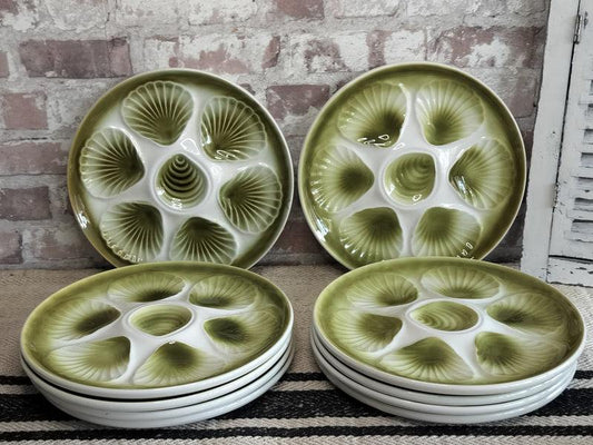 Set of 10 vintage Moulin des Loups French oyster plates with green and white scallop wells