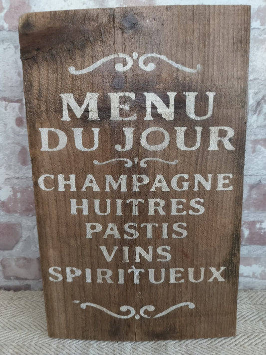Upcycled handmade wooden Menu du Jour sign with rustic white lettering on natural wood background