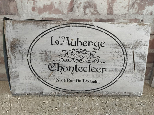Upcycled Handmade Wooden Auberge Chantecleer Sign with rustic white aged background and black lettering for indoor and outdoor decor