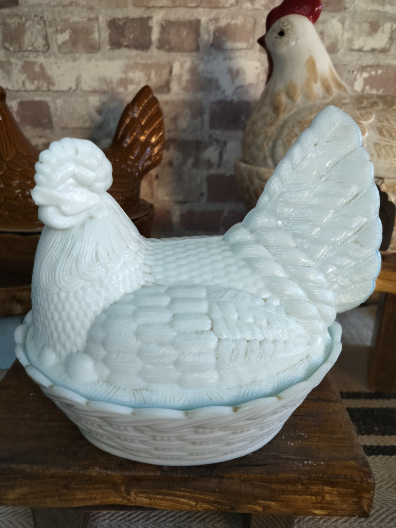 Rare Fostoria Aqua White Hen on Nest – Vintage Egg Holder