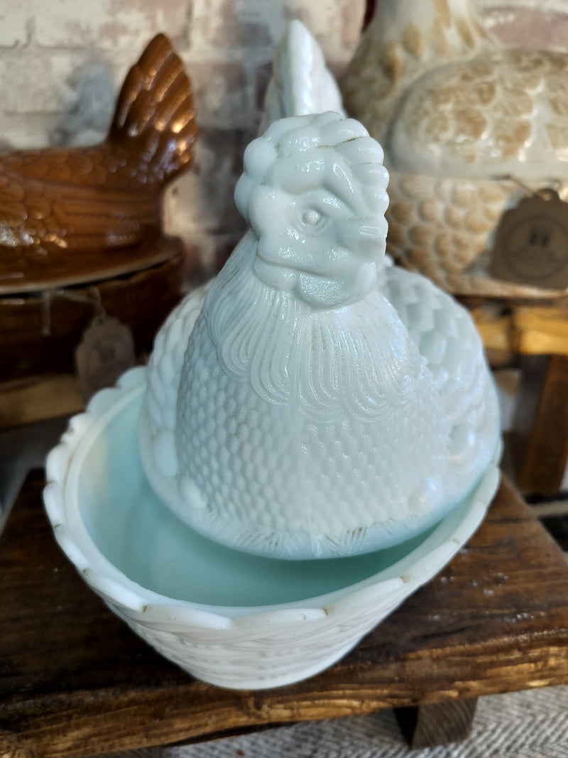 Rare Fostoria Aqua White Hen on Nest – Vintage Egg Holder