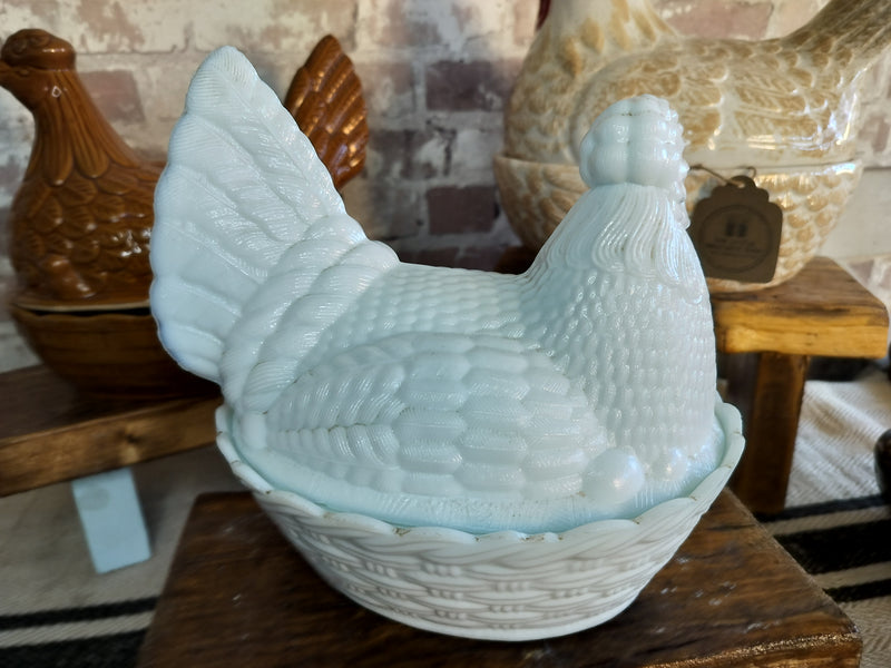 Rare Fostoria Aqua White Hen on Nest – Vintage Egg Holder