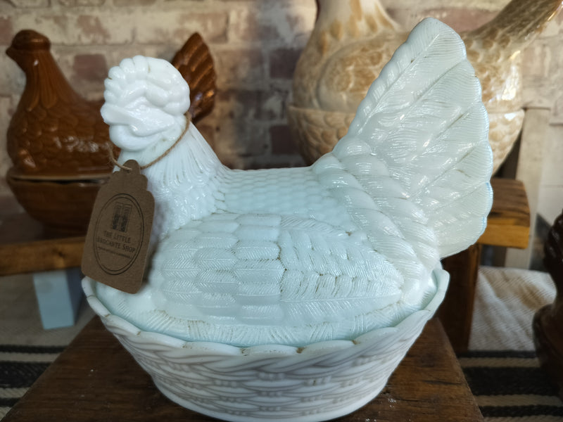 Rare Fostoria Aqua White Hen on Nest – Vintage Egg Holder
