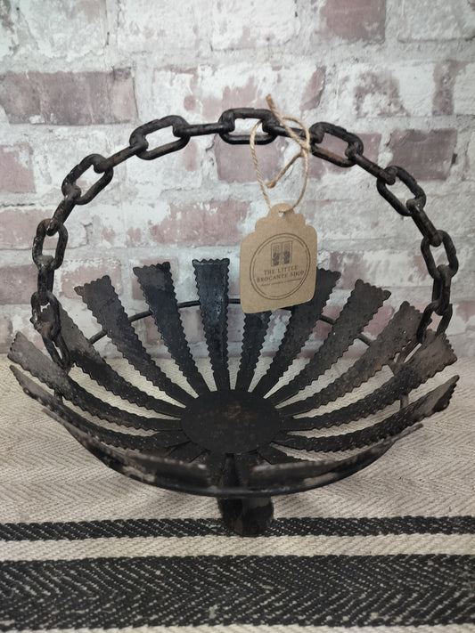 Vintage French Forged-Iron Brutalist Basket with Chain Handle