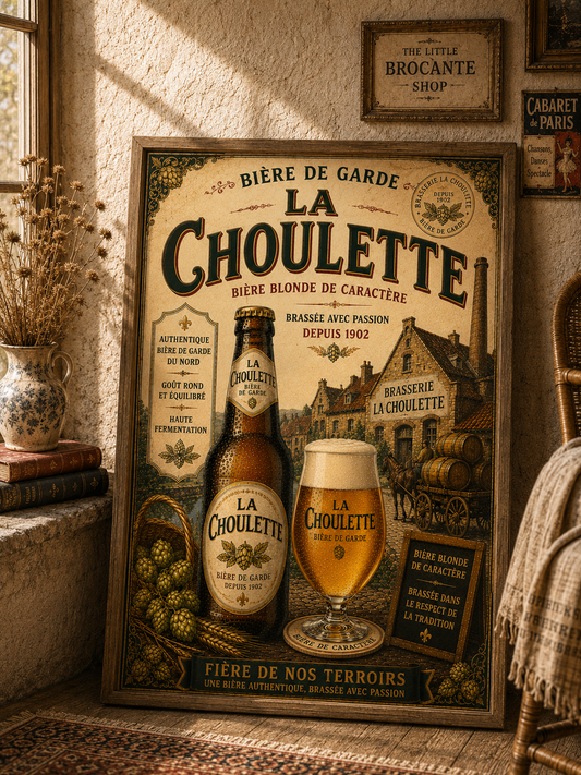La Choulette Bière de Garde Vintage French Beer Print in Wooden frame. Choice of frames & sizes | French Brewery Wall Art Print | Available in A4, A3, A2, 50x70cm & A1