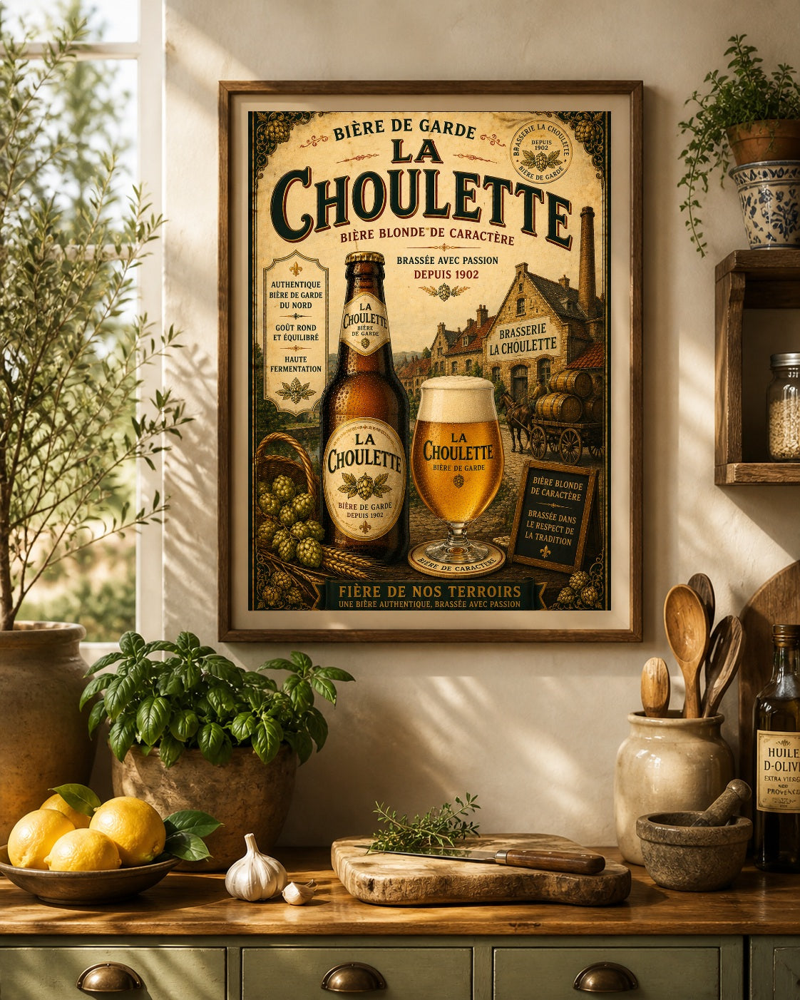 La Choulette Bière de Garde Vintage French Beer Print in Wooden frame. Choice of frames & sizes | French Brewery Wall Art Print | Available in A4, A3, A2, 50x70cm & A1
