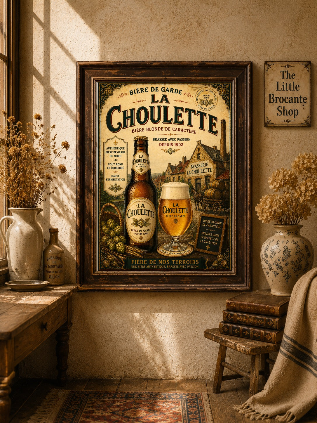 La Choulette Bière de Garde Vintage French Beer Print in Wooden frame. Choice of frames & sizes | French Brewery Wall Art Print | Available in A4, A3, A2, 50x70cm & A1