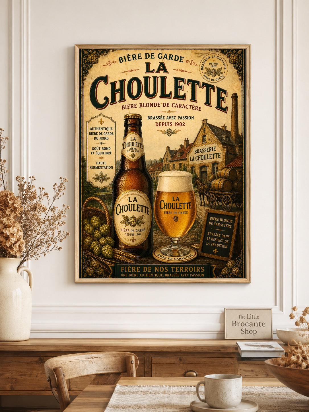 La Choulette Bière de Garde Vintage French Beer Print in Wooden frame. Choice of frames & sizes | French Brewery Wall Art Print | Available in A4, A3, A2, 50x70cm & A1