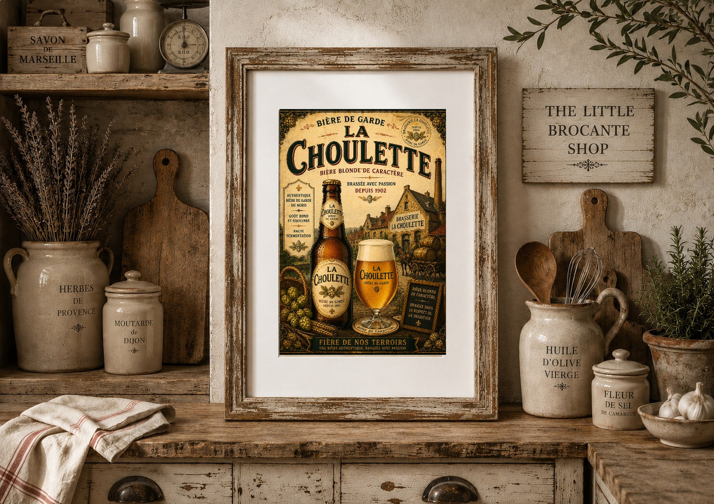 La Choulette Bière de Garde Vintage French Beer Print in Wooden frame. Choice of frames & sizes | French Brewery Wall Art Print | Available in A4, A3, A2, 50x70cm & A1
