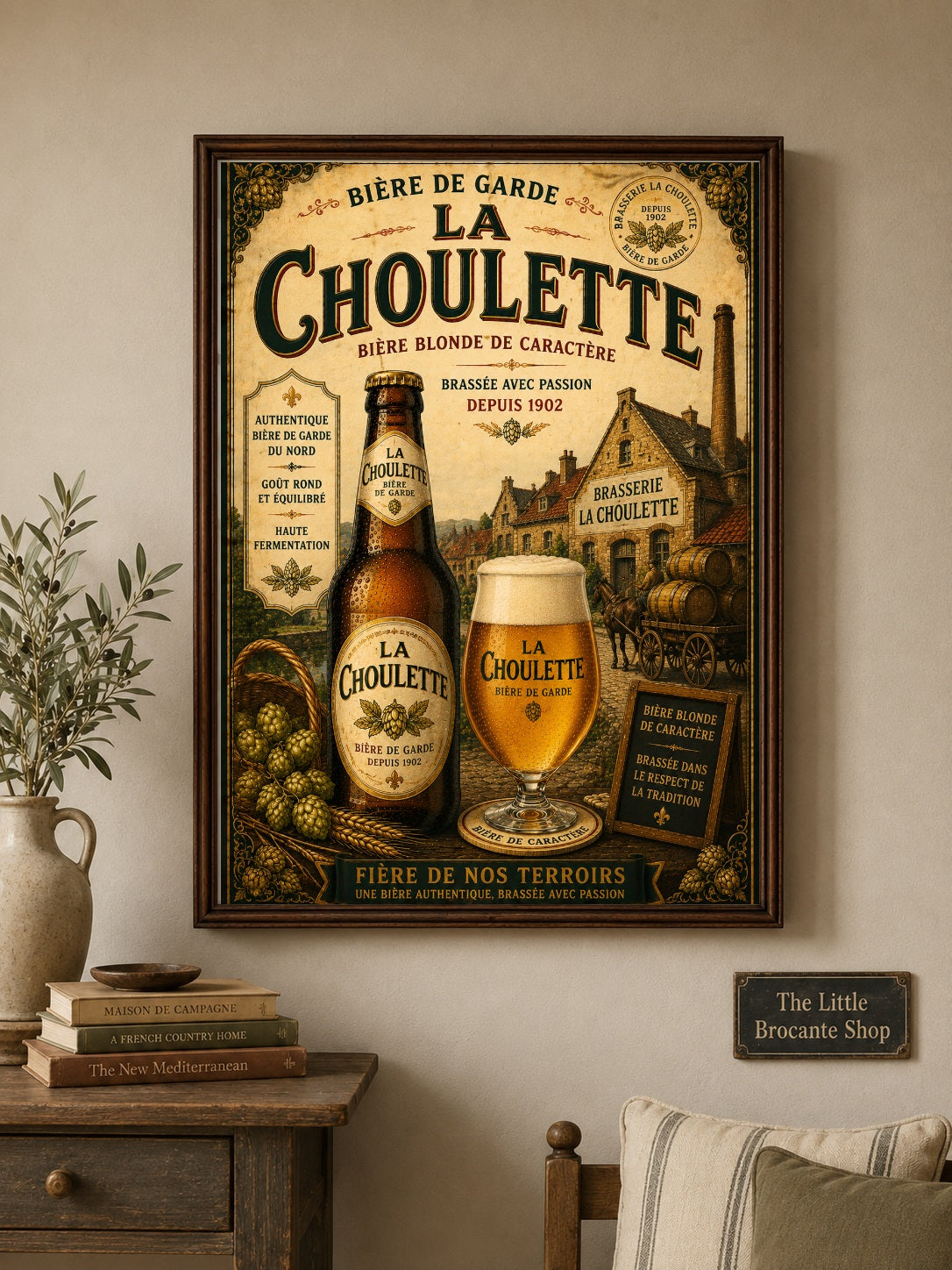 La Choulette Bière de Garde Vintage French Beer Print in Wooden frame. Choice of frames & sizes | French Brewery Wall Art Print | Available in A4, A3, A2, 50x70cm & A1