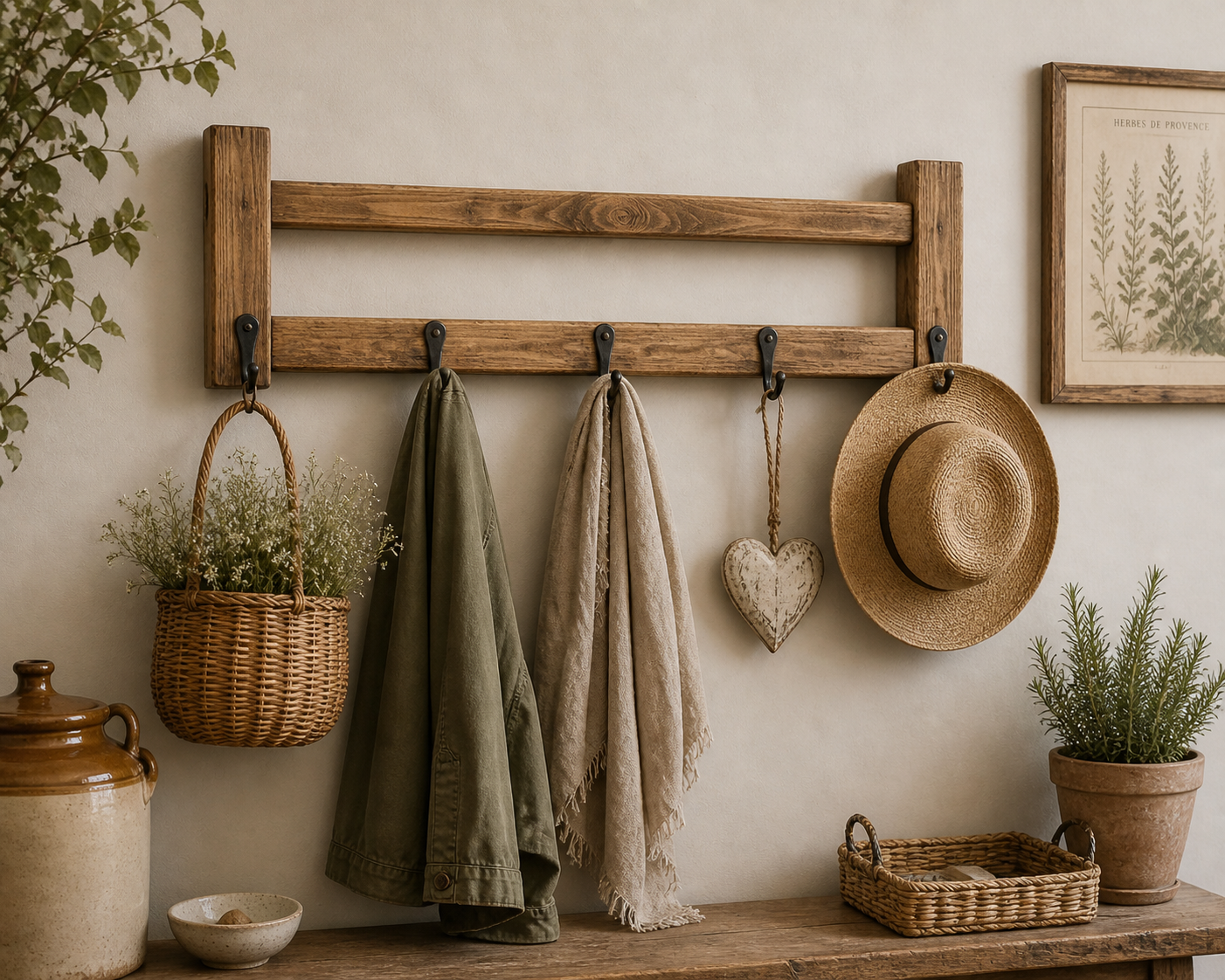 Rustic Wooden Coat Hook Rack