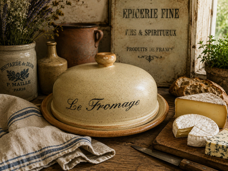 French Stoneware Cheese Dome | "Le Fromage" Ceramic Cheese Cloche | Rustic Farmhouse Kitchen Serving Dish