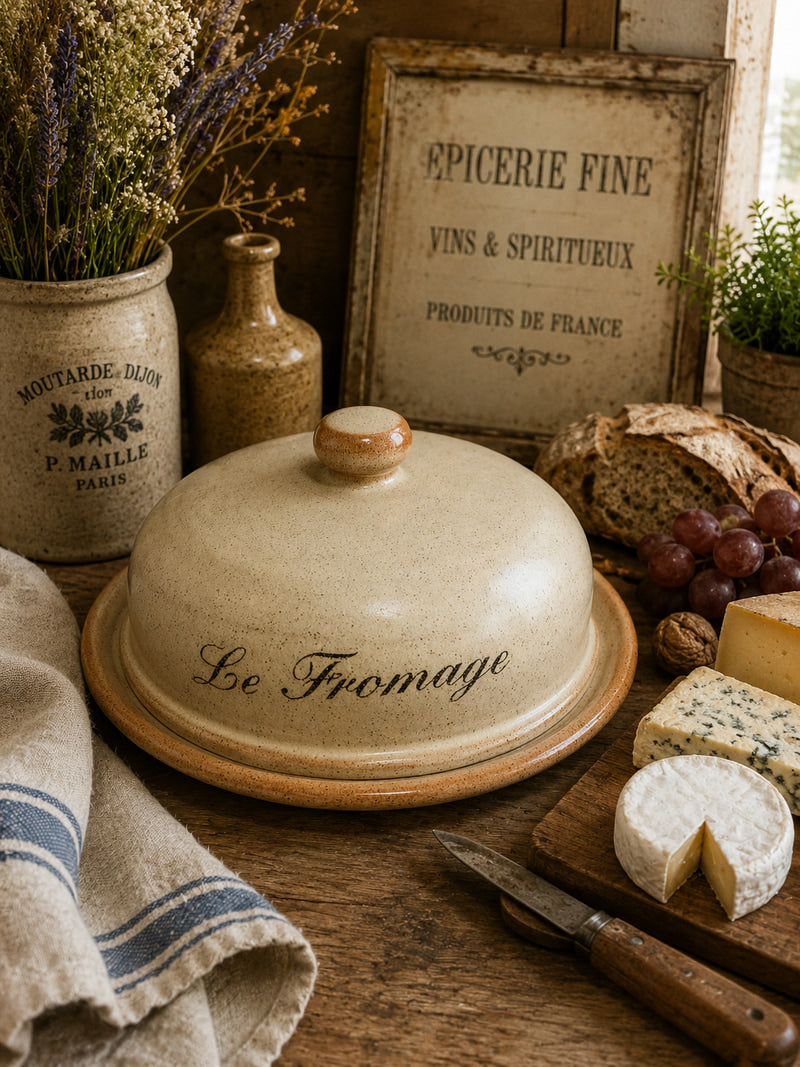 French Stoneware Cheese Dome | "Le Fromage" Ceramic Cheese Cloche | Rustic Farmhouse Kitchen Serving Dish