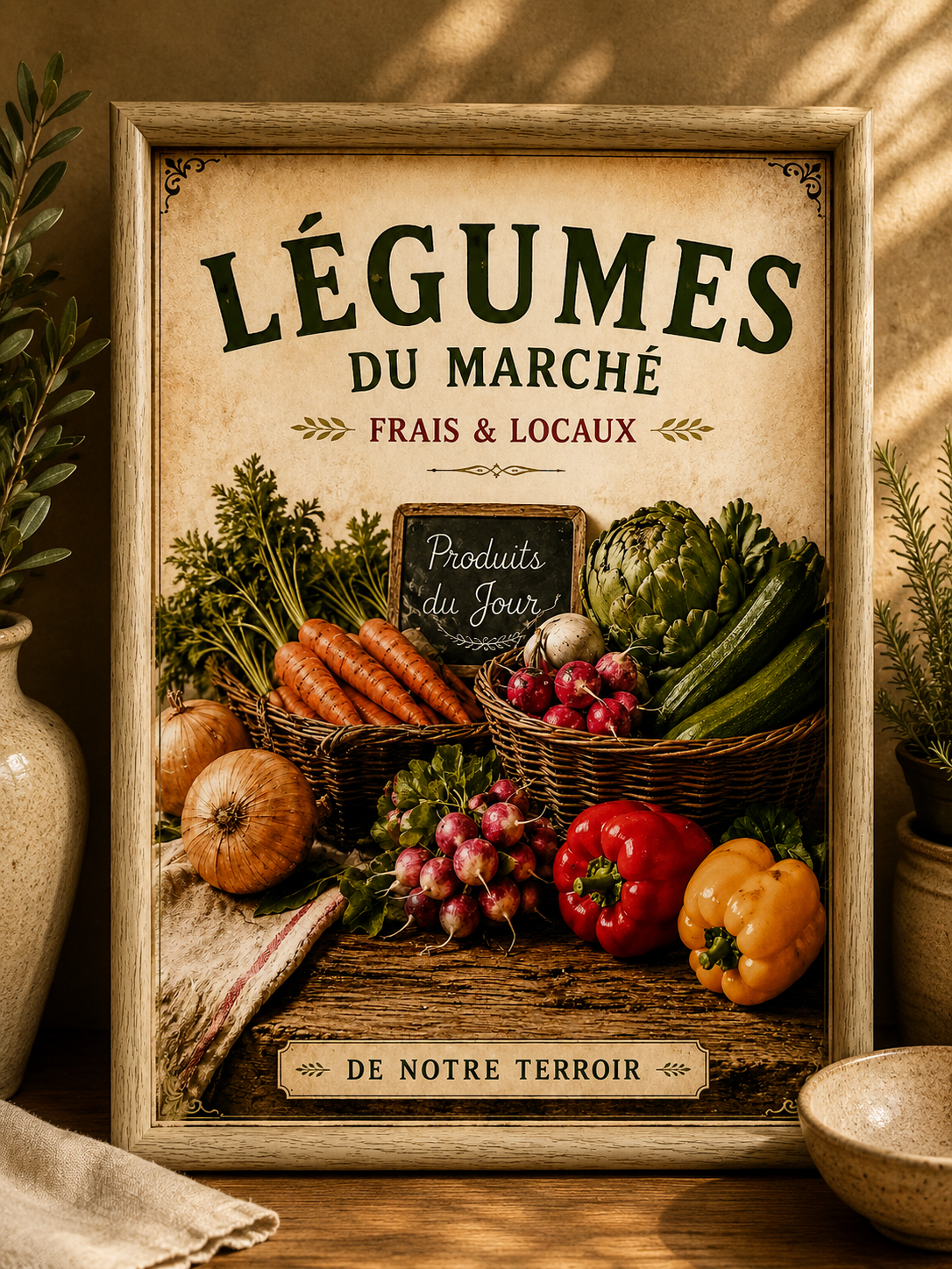 French Provence Vegetable Market Print – A4 in Wooden Frame - The Little Brocante Shop