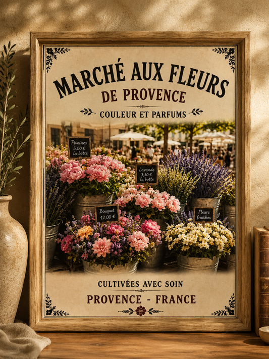 French Provence Flower Market Framed Print Wall Art – A4 in Wooden Frame