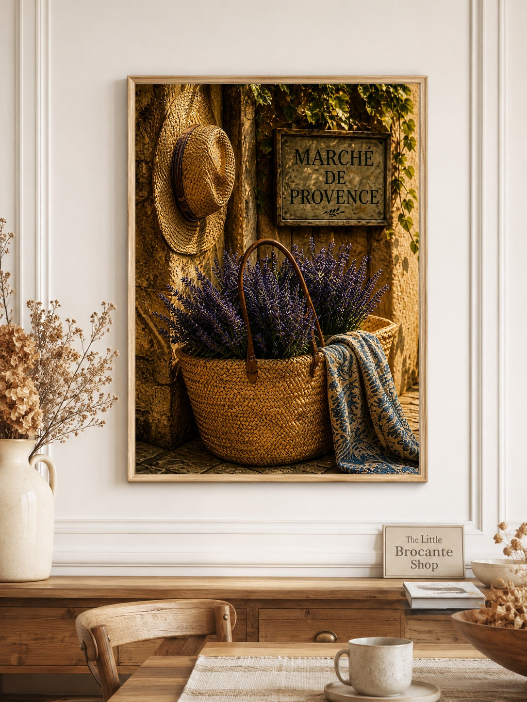 Marché de Provence Wooden Framed Art Print | French Market Wall Art | Rustic Provence Basket & Lavender Decor