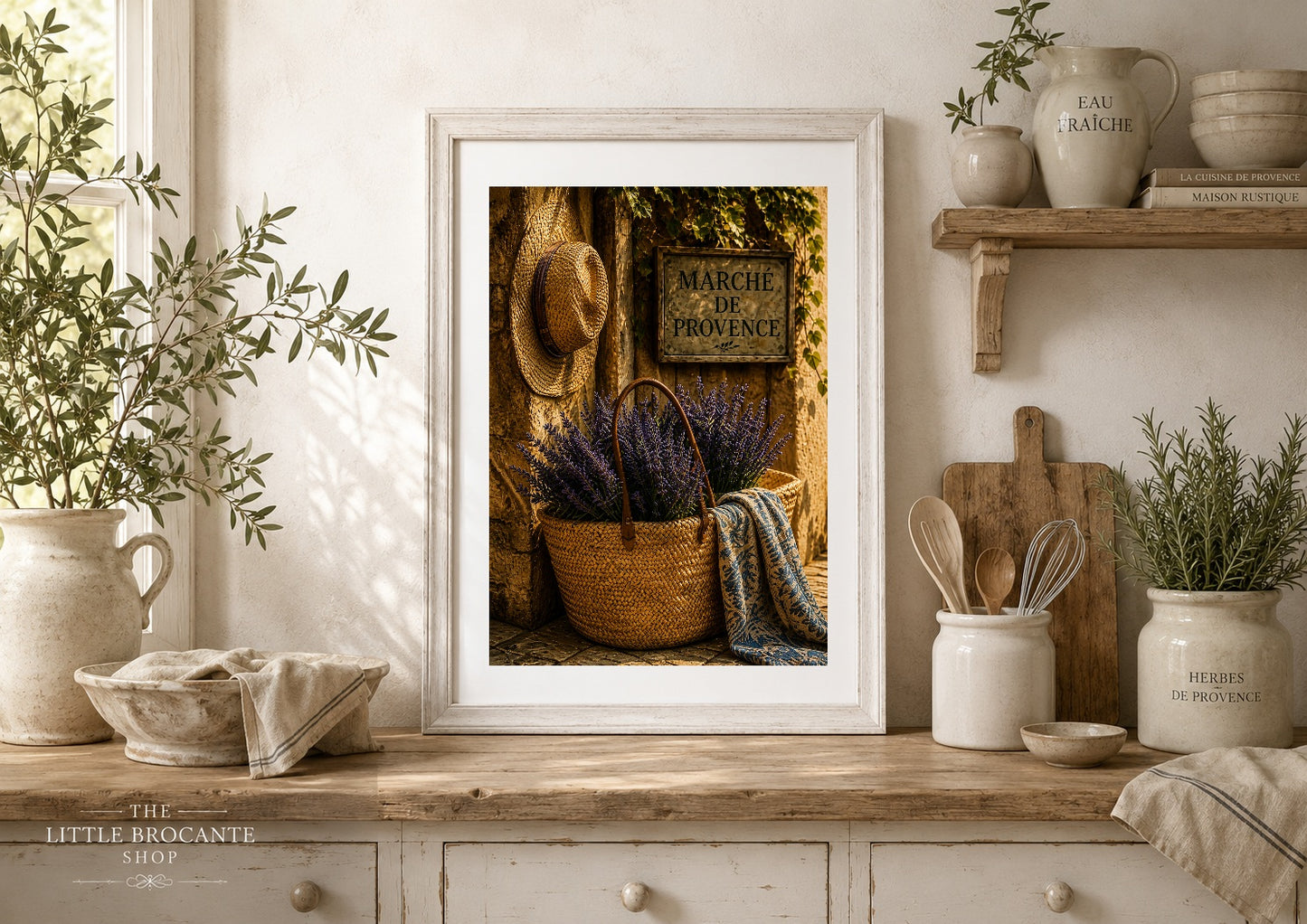 Marché de Provence Wooden Framed Art Print | French Market Wall Art | Rustic Provence Basket & Lavender Decor