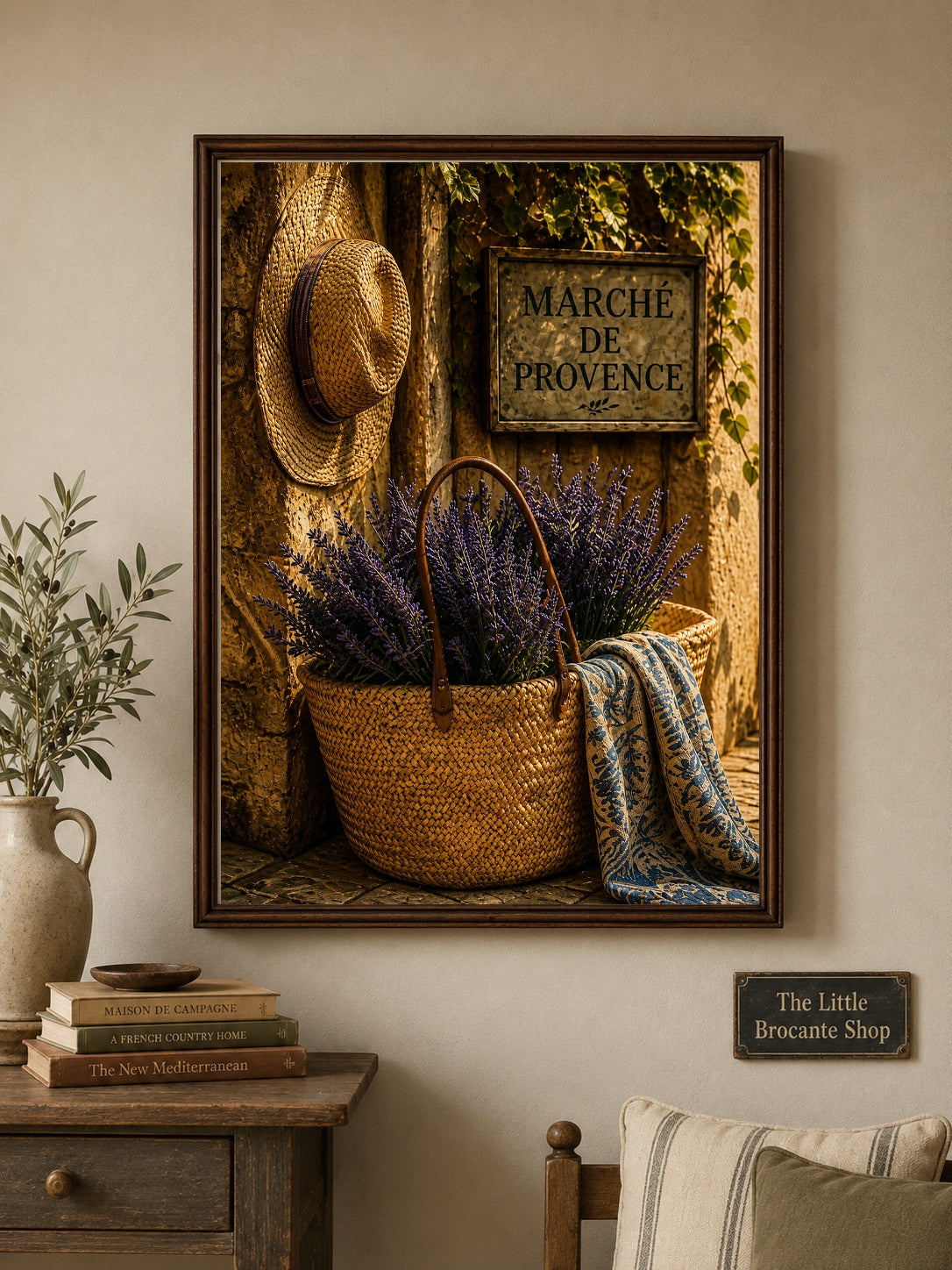 Marché de Provence Wooden Framed Art Print | French Market Wall Art | Rustic Provence Basket & Lavender Decor