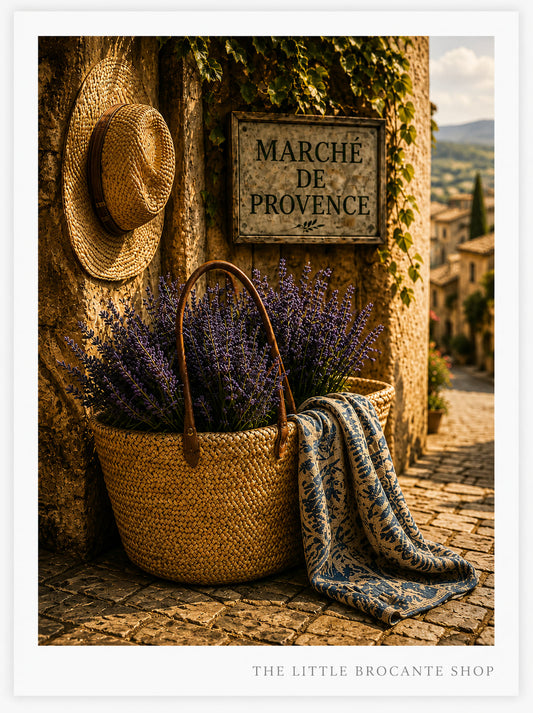 Marché de Provence Art Print | French Market Wall Art | Rustic Provence Basket & Lavender Decor | Vintage French Farmhouse Kitchen Print