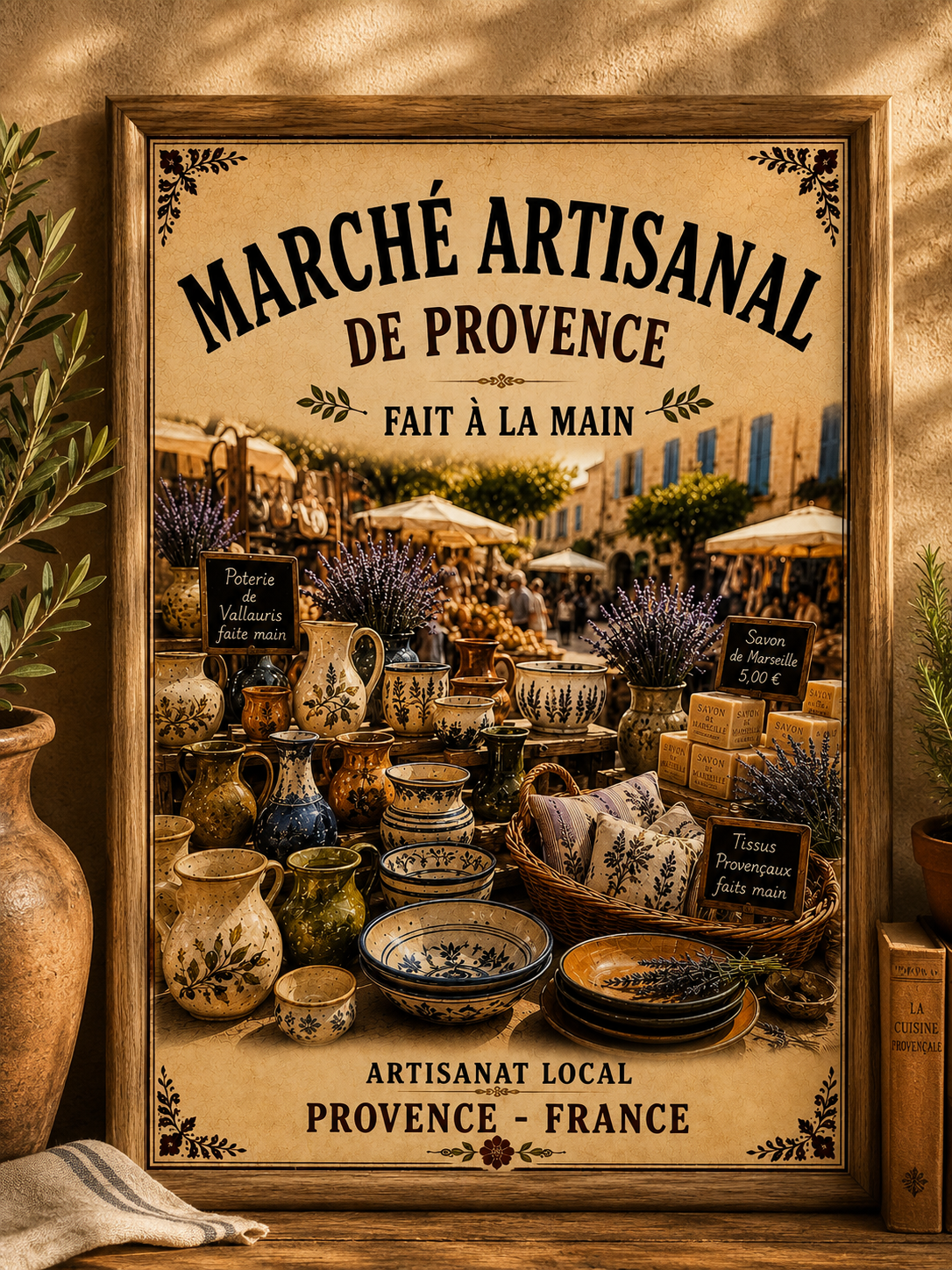 French Provence Artisan Market Print Framed Wall Art – A4 in Wooden Frame - The Little Brocante Shop