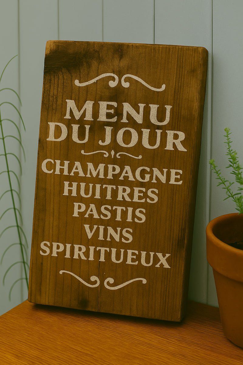 Upcycled handmade wooden Menu du Jour sign with white lettering on natural wood background for indoor and outdoor decor