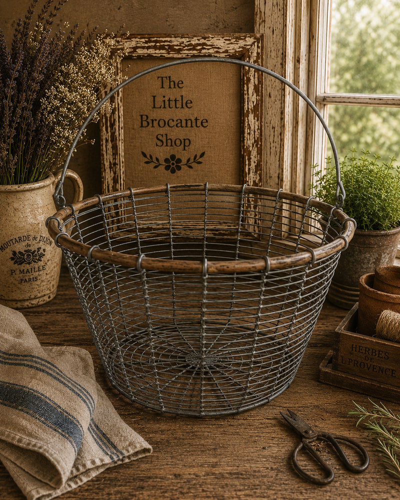 Vintage French Wire Gathering Basket with Wooden Rim | Rustic Farmhouse Harvest Basket | French Country Kitchen Storage