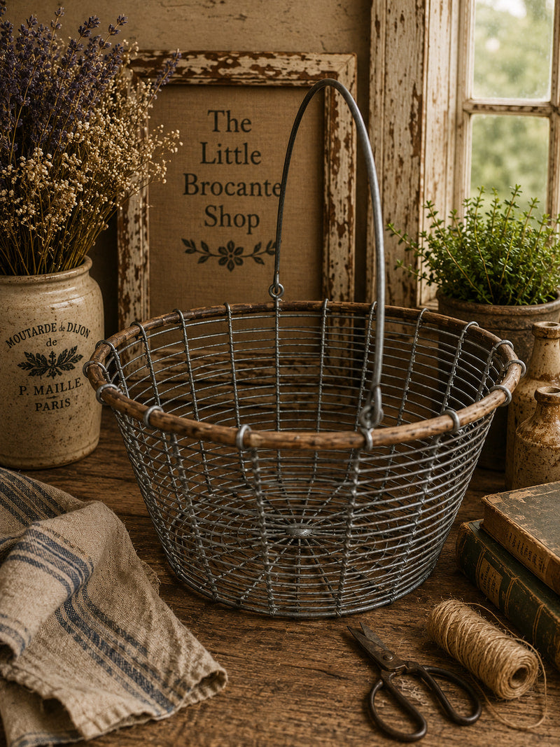 Vintage French Wire Gathering Basket with Wooden Rim | Rustic Farmhouse Harvest Basket | French Country Kitchen Storage