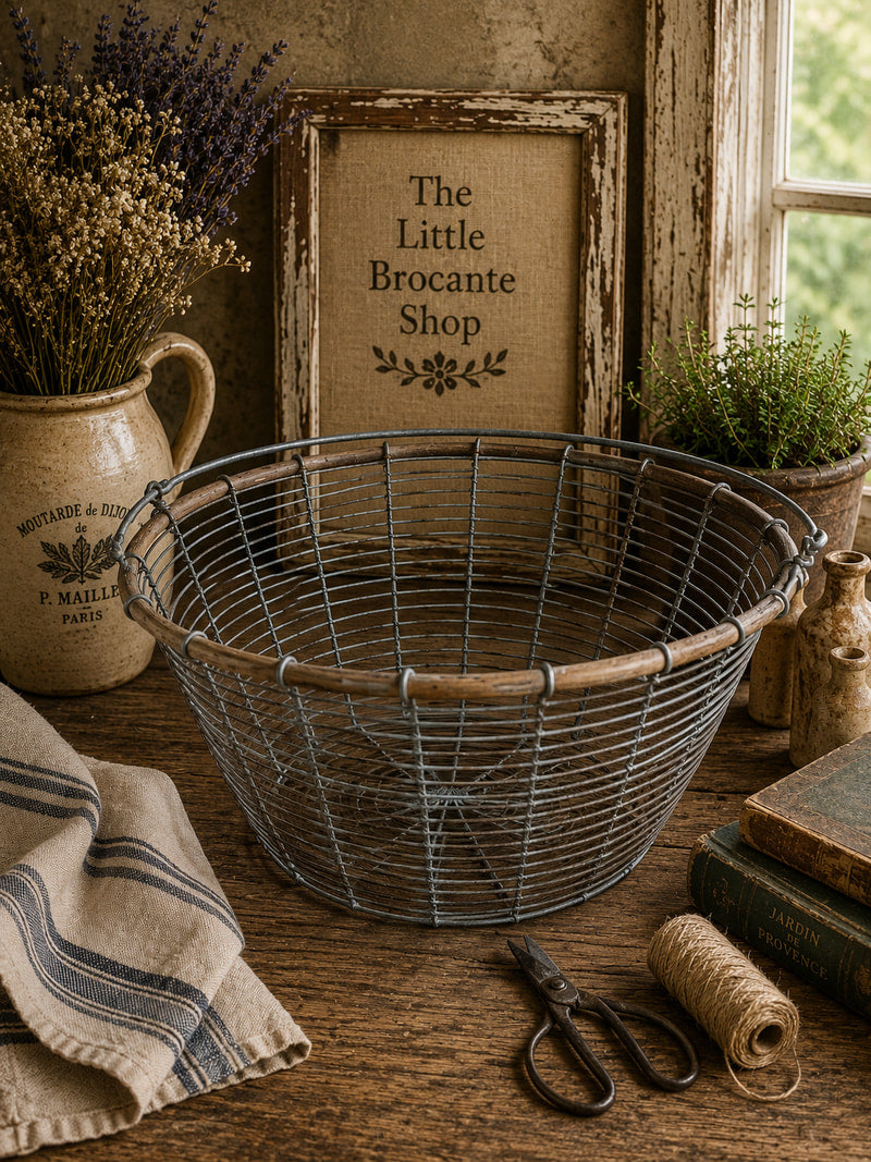 Vintage French Wire Gathering Basket with Wooden Rim | Rustic Farmhouse Harvest Basket | French Country Kitchen Storage