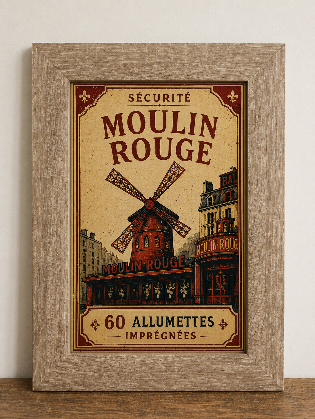 Set of 3 Vintage inspired French Matchbox Art Prints - A4 in wooden frames