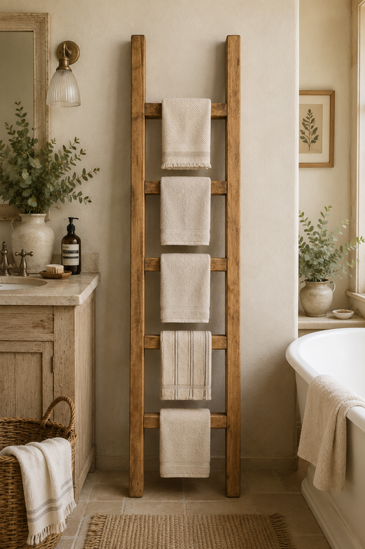 Narrow Rustic Wooden Towel Ladder 1.2 m tall | Farmhouse Blanket Ladder | Bathroom & Bedroom Storage