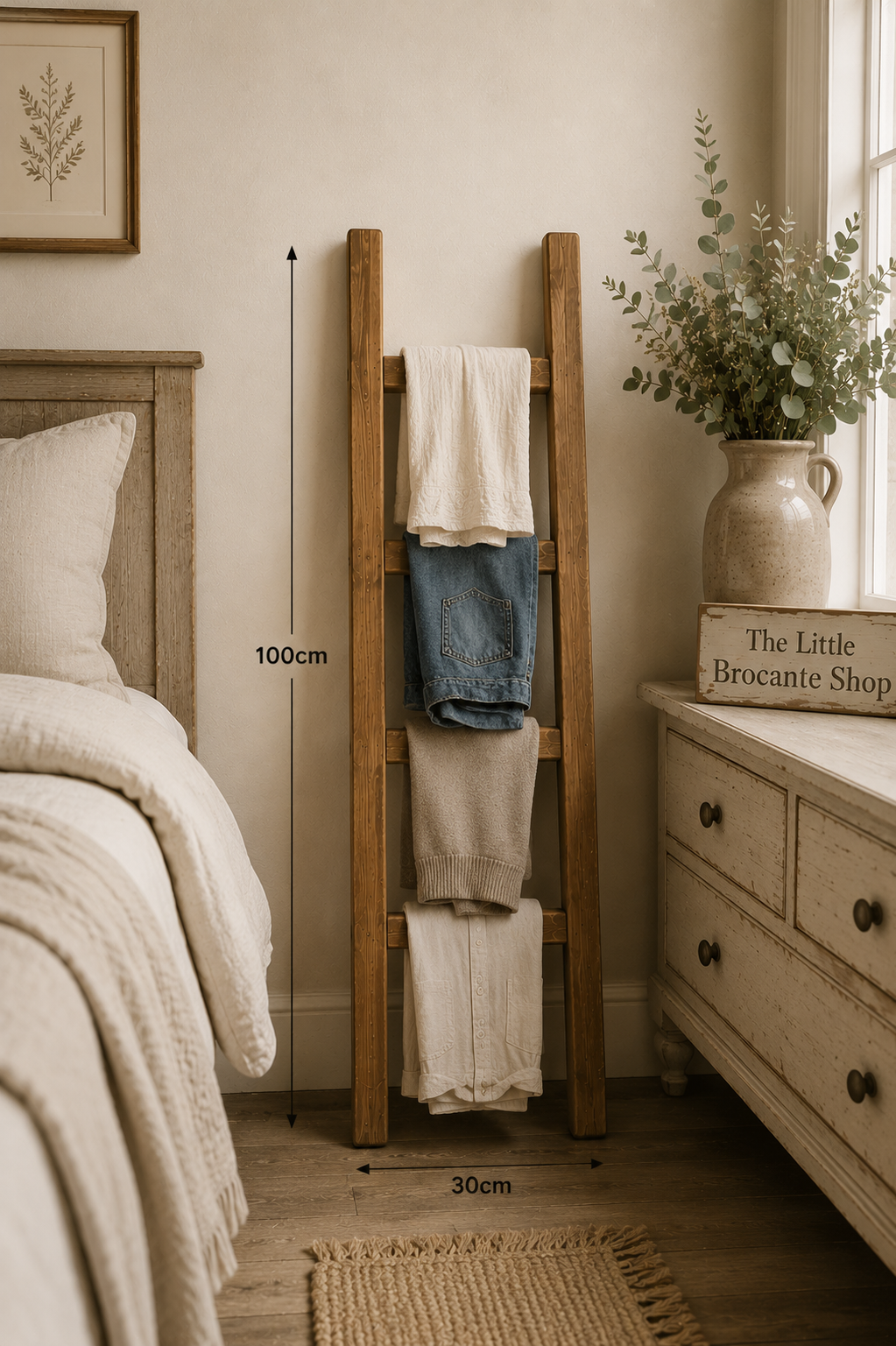 Narrow Rustic Wooden Towel Ladder 1 metre tall | Farmhouse Blanket Ladder | Bathroom & Bedroom Storage