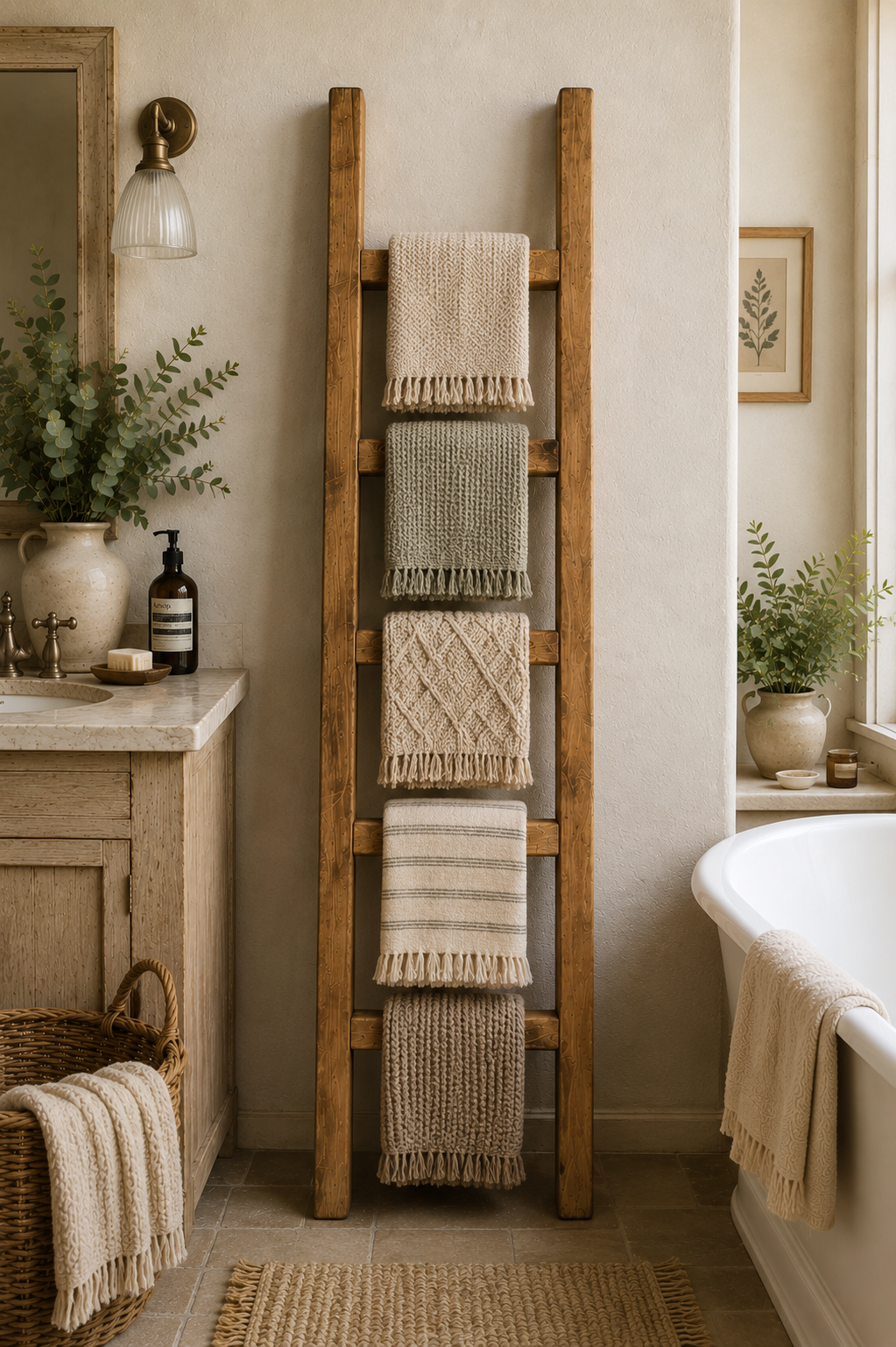 Narrow Rustic Wooden Towel Ladder 1.2 m tall | Farmhouse Blanket Ladder | Bathroom & Bedroom Storage
