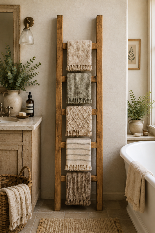 Narrow Rustic Wooden Towel Ladder 1.5 m tall | Farmhouse Blanket Ladder | Bathroom & Bedroom Storage