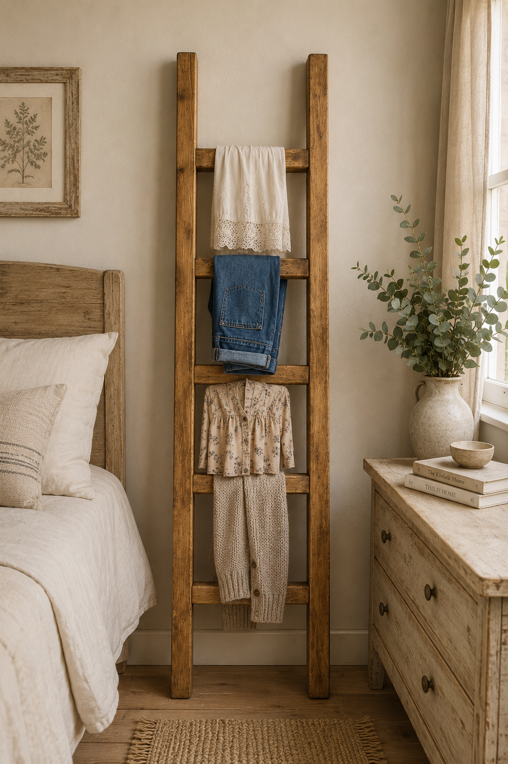 Narrow Rustic Wooden Towel Ladder 1.2 m tall | Farmhouse Blanket Ladder | Bathroom & Bedroom Storage