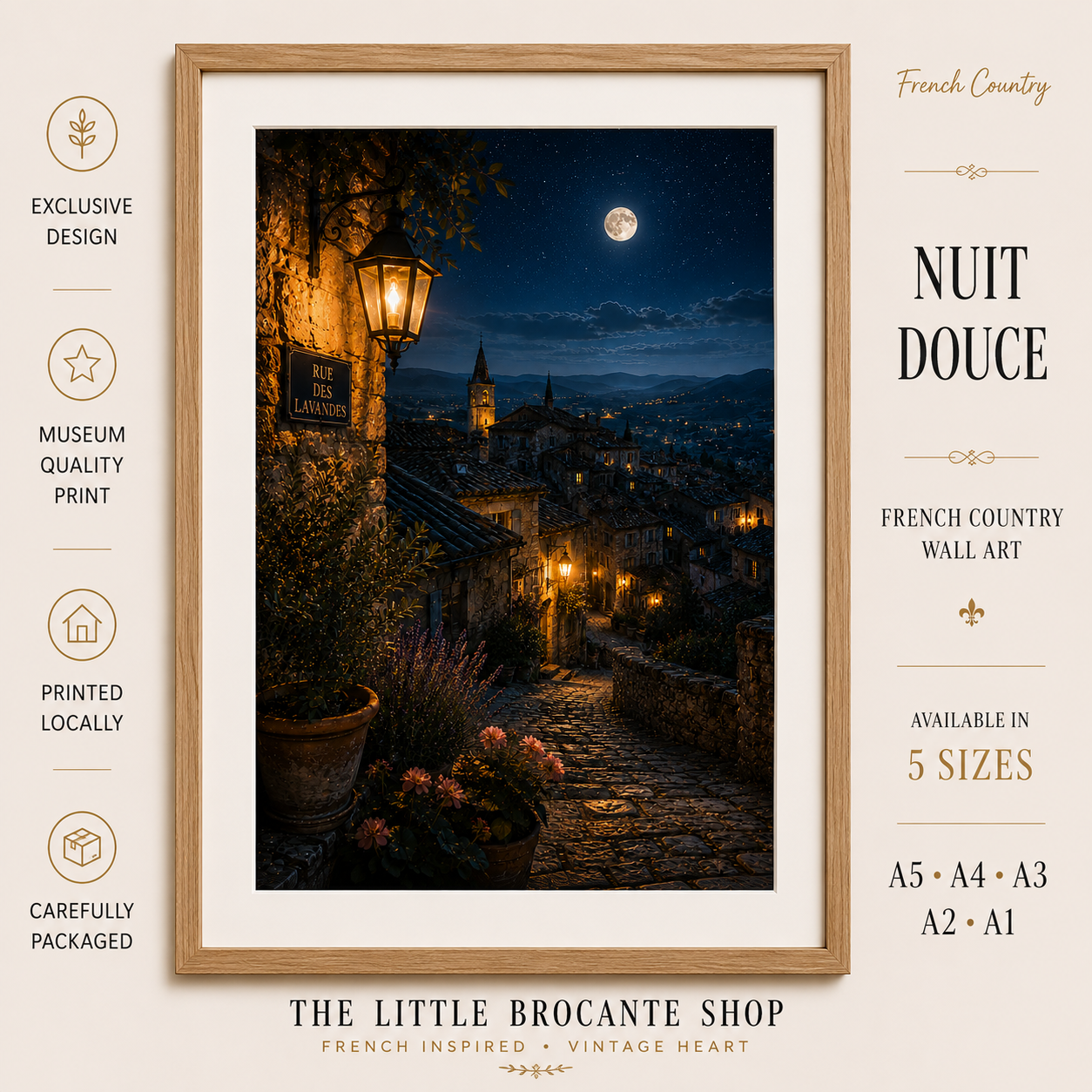 Nuit Douce Print | Moonlit Provence Peaceful Night Village Wall Art | French Print | A5, A4, A3, A2 & A1