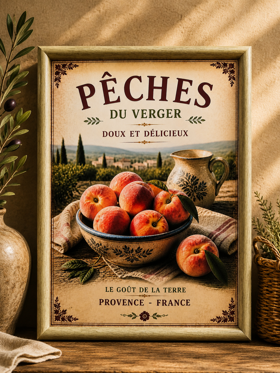 French Provence Peaches Print – A4 in Wooden Frame - The Little Brocante Shop