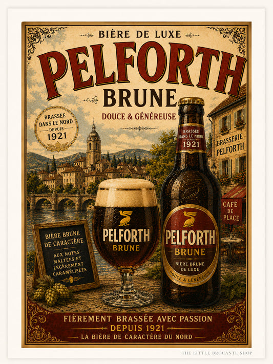 Pelforth Brune Vintage French Beer Print in Wooden frame. Choice of frames & sizes | French Brewery Wall Art Print