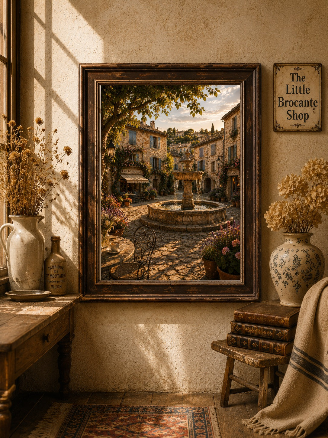 Place du Village Print | Provence Village Square Wall Art | French Fountain Landscape | A5, A4, A3, A2 & A1