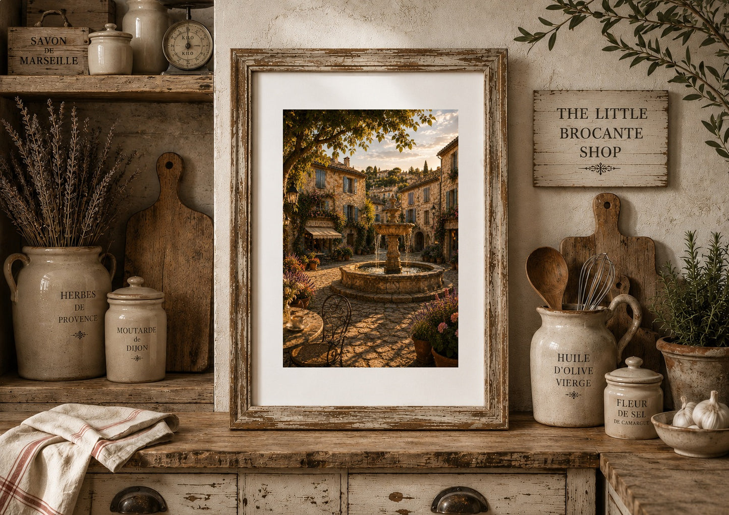 Place du Village Print | Provence Village Square Wall Art | French Fountain Landscape | A5, A4, A3, A2 & A1
