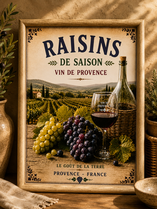 French Provence Grapes & Wine Market Print – A4 in Wooden Frame