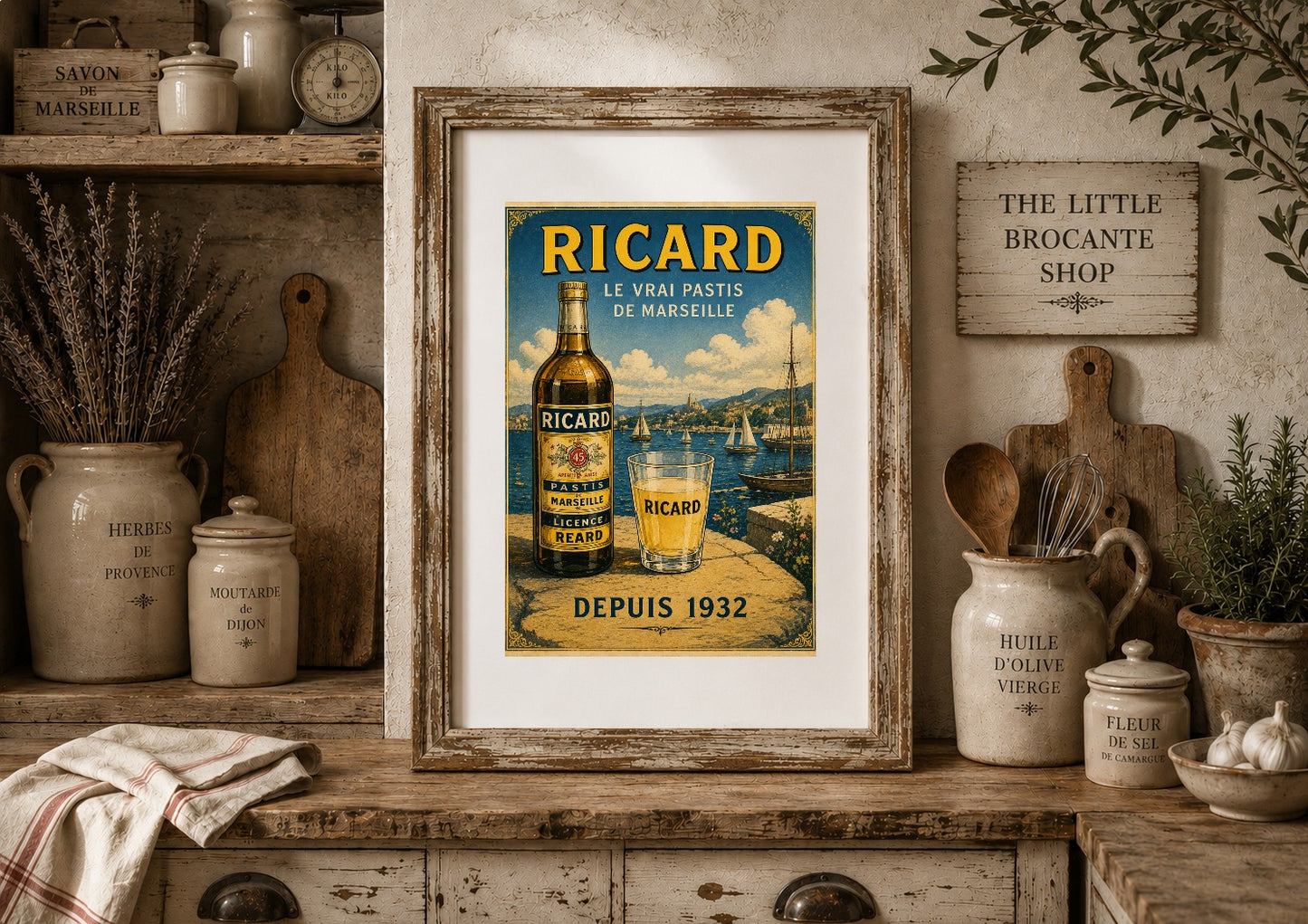 Ricard Le Vrai Pastis de Marseille Vintage French Poster Print | Marseille Harbour Wall Art | French Kitchen & Home Bar Decor