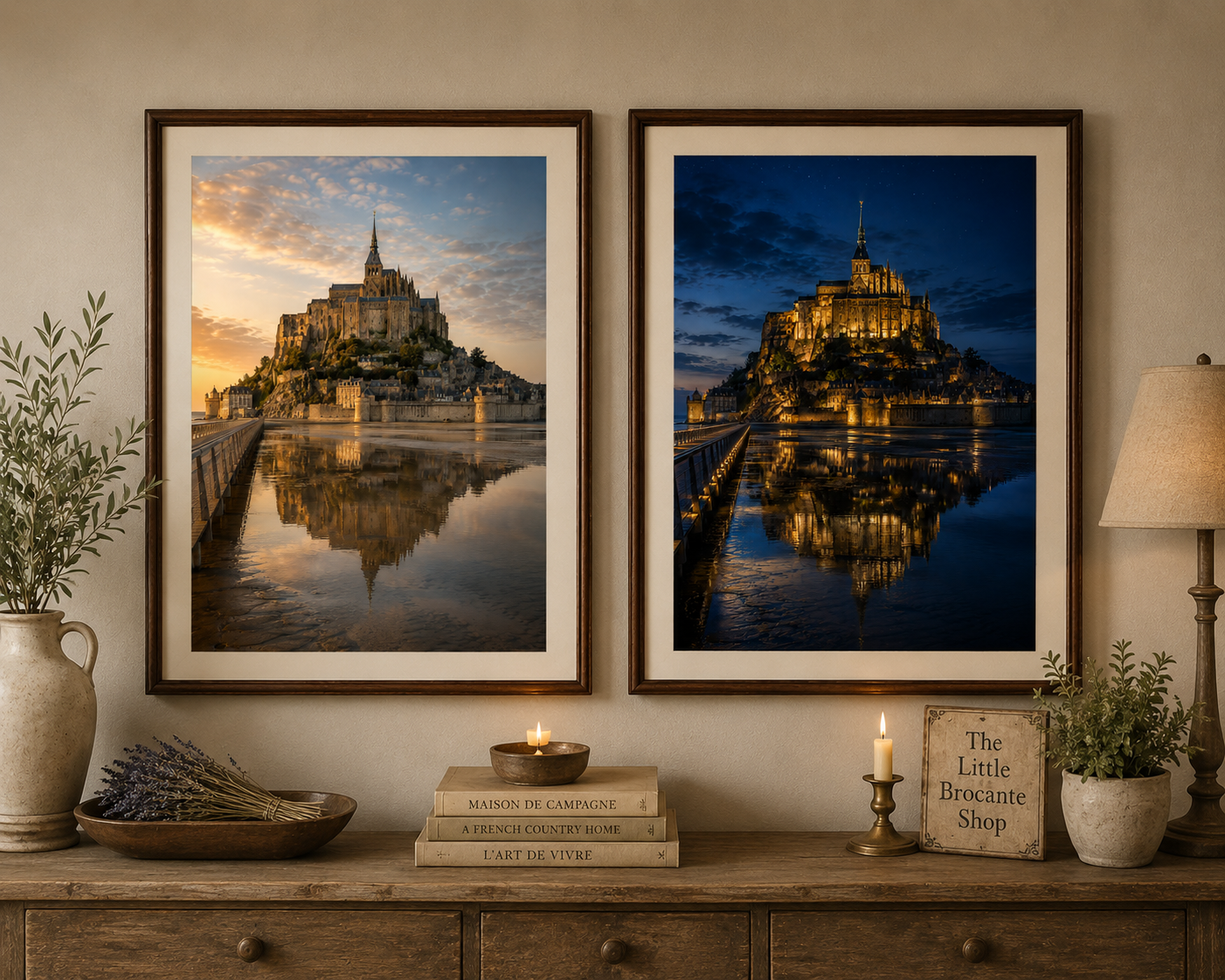 Set of 2 Mont Saint-Michel Prints - Sunset and Night time (unframed) | French Coastal Wall Art