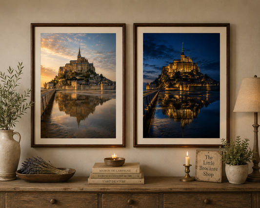 Set of 2 Mont Saint-Michel Prints - Sunset and Night time in Wooden Frames